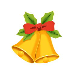 Christmas bells in shades of yellow and mustard, featuring a simple red bow on top, adorned with well-defined green leaves in flat colors, ensuring a clean and straightforward design