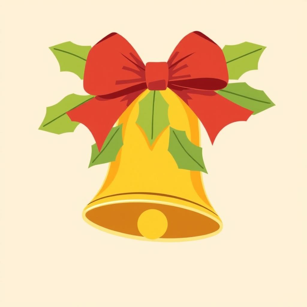 Christmas bells in shades of yellow and mustard, featuring a simple red bow on top, adorned with well-defined green leaves in flat colors, ensuring a clean and straightforward design