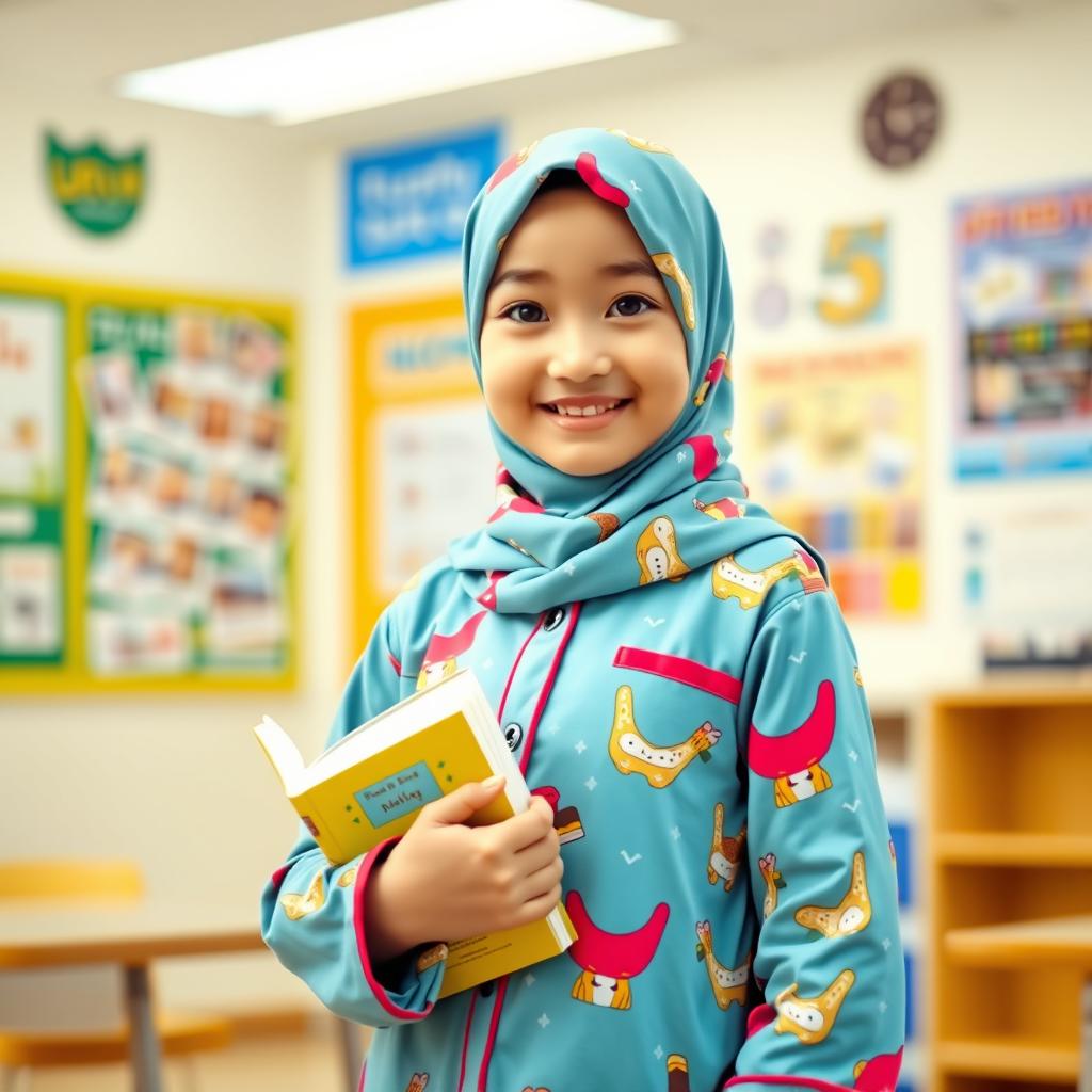 A beautiful Asian girl wearing a colorful hijab and stylish pajamas, standing confidently in a classroom setting