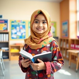 A beautiful Asian girl wearing a colorful hijab and stylish pajamas, standing confidently in a classroom setting