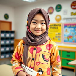 A beautiful Asian girl wearing a colorful hijab and stylish pajamas, standing confidently in a classroom setting