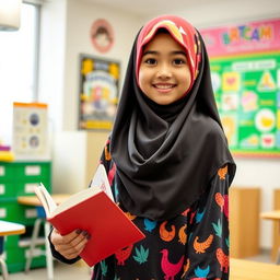 A beautiful Asian girl wearing a colorful hijab and stylish pajamas, standing confidently in a classroom setting