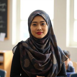 A confident Asian woman wearing a beautifully patterned hijab, exuding elegance and intelligence as a teacher