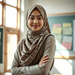 A confident Asian woman wearing a beautifully patterned hijab, exuding elegance and intelligence as a teacher