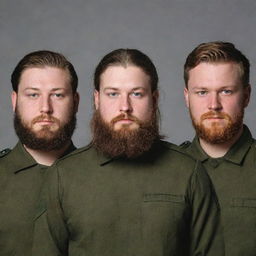 Three soldiers: one with long hair and a height of 5'8, the second one with green eyes and 6ft in height, and a third one, who is chubby with a beard