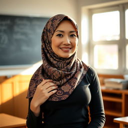 A confident Asian woman wearing a beautifully patterned hijab, exuding elegance and intelligence as a teacher