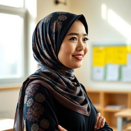 A confident Asian woman wearing a beautifully patterned hijab, exuding elegance and intelligence as a teacher