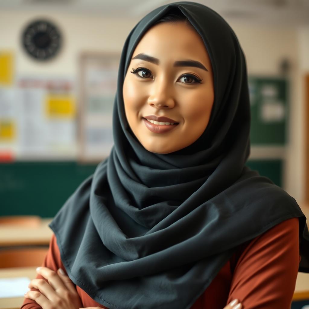 A beautiful Asian woman in a stylish hijab, embodying grace and confidence as a teacher