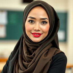 A beautiful Asian woman in a stylish hijab, embodying grace and confidence as a teacher