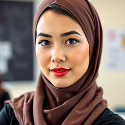 A beautiful Asian woman in a stylish hijab, embodying grace and confidence as a teacher