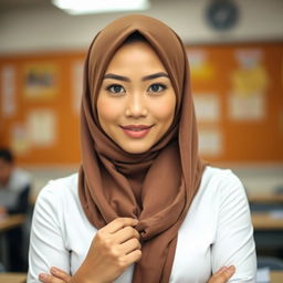 A beautiful Asian woman in a stylish hijab, embodying grace and confidence as a teacher