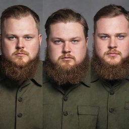 Three soldiers: one with long hair and a height of 5'8, the second one with green eyes and 6ft in height, and a third one, who is chubby with a beard