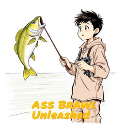 A dynamic fishing scene depicting a young Asian fisherman with narrow eyes and an enthusiastic expression