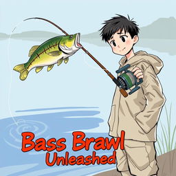 A dynamic fishing scene depicting a young Asian fisherman with narrow eyes and an enthusiastic expression