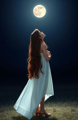 A girl in a flowing white dress and tan heels, stands gracefully under a starry night sky, gazing up at a luminous full moon