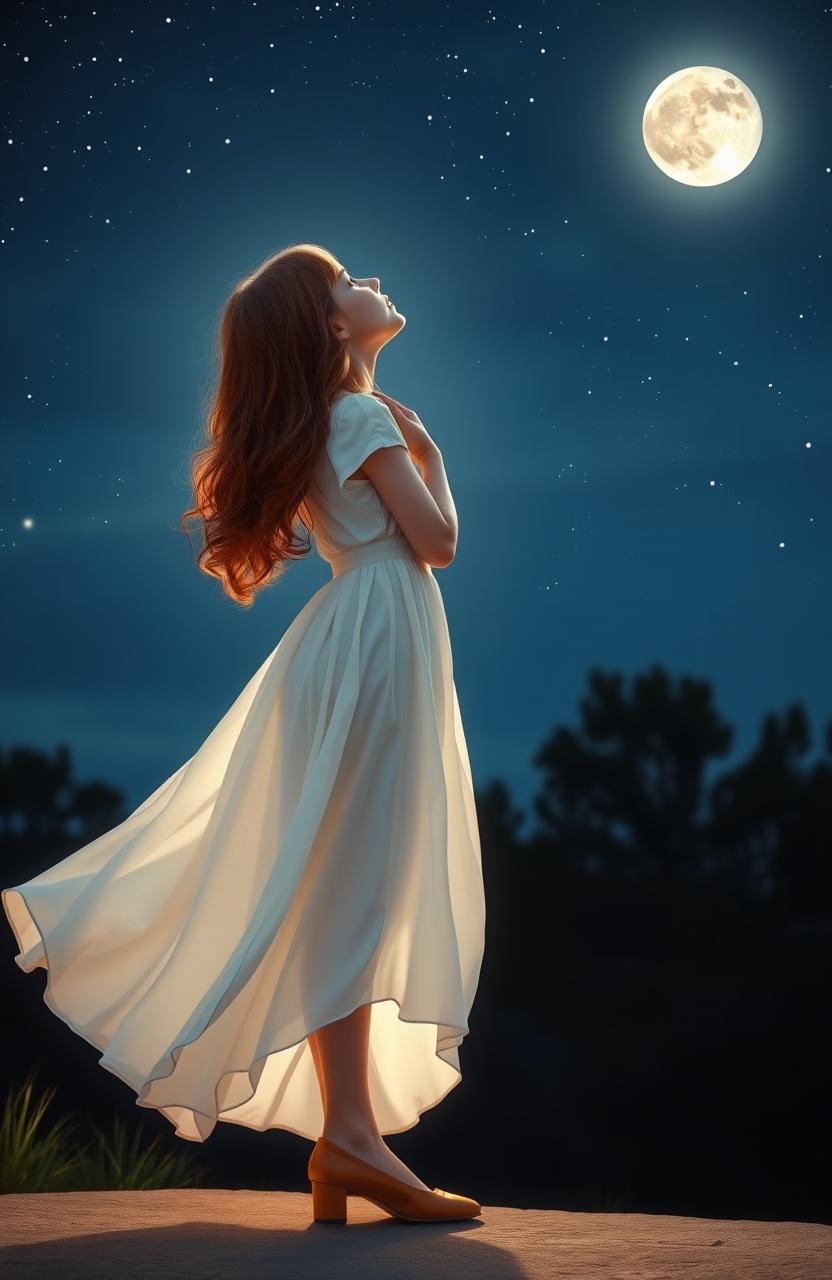 A girl in a flowing white dress and tan heels, stands gracefully under a starry night sky, gazing up at a luminous full moon