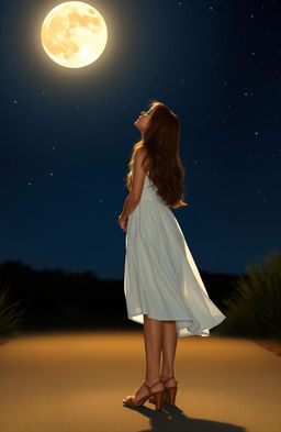 A girl in a flowing white dress and tan heels, stands gracefully under a starry night sky, gazing up at a luminous full moon