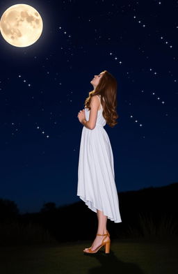 A girl in a flowing white dress and tan heels, stands gracefully under a starry night sky, gazing up at a luminous full moon