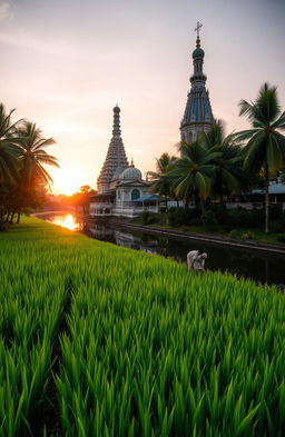 a beautiful paddy field with lush green rice plants swaying gently in the breeze, coconut trees standing tall on the bank of a serene channel