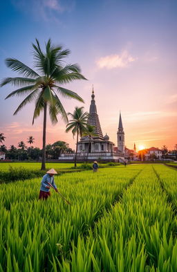 a beautiful paddy field with lush green rice plants swaying gently in the breeze, coconut trees standing tall on the bank of a serene channel