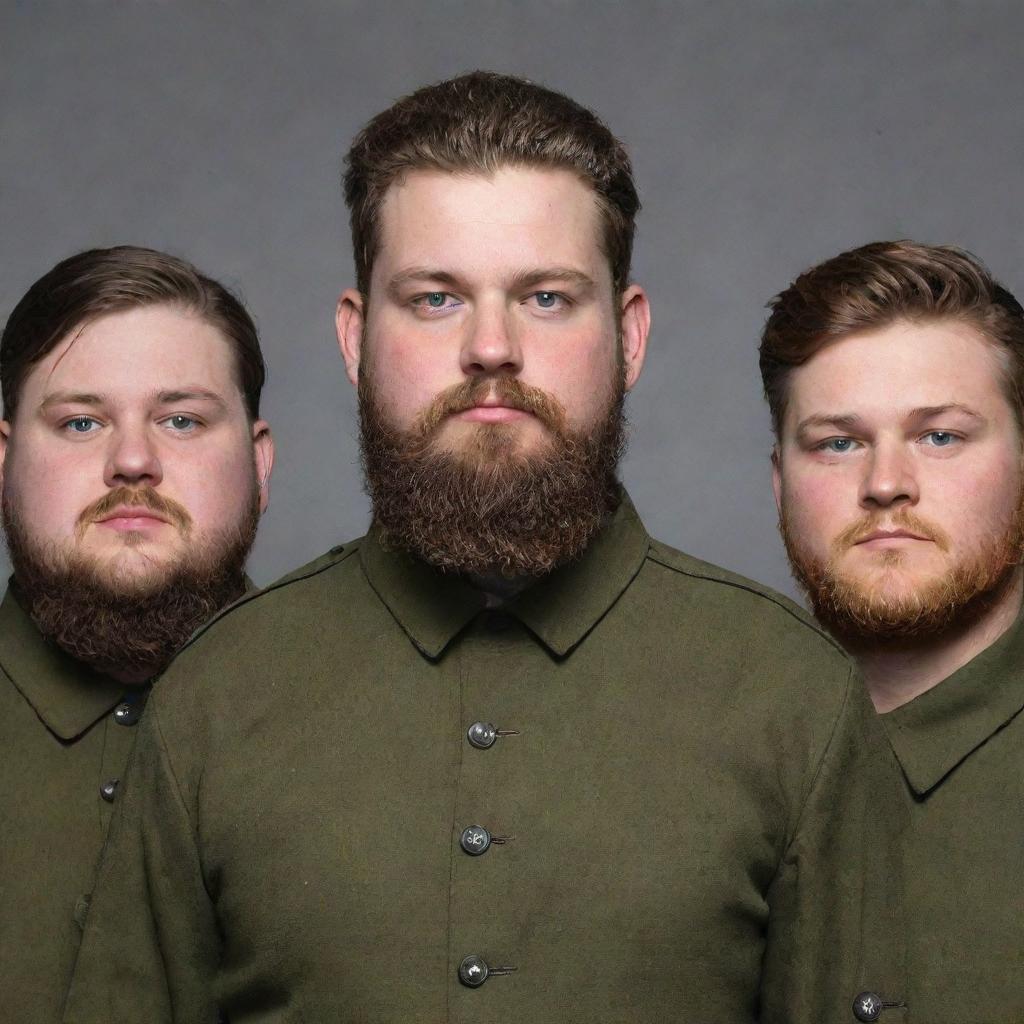 Three soldiers: one with long hair and a height of 5'8, the second one with green eyes and 6ft in height, and a third one, who is chubby with a beard