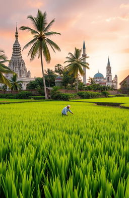 a beautiful paddy field with lush green rice plants swaying gently in the breeze, coconut trees standing tall on the bank of a serene channel