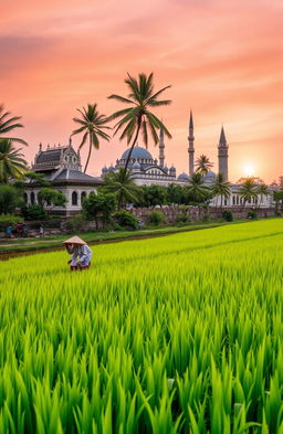 a beautiful paddy field with lush green rice plants swaying gently in the breeze, coconut trees standing tall on the bank of a serene channel