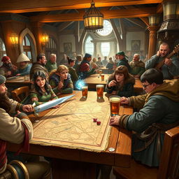 A lively Dungeons & Dragons scene set in a medieval fantasy tavern, with a diverse group of adventurers gathered around a large oak table