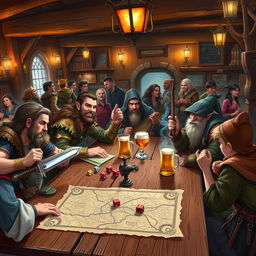 A lively Dungeons & Dragons scene set in a medieval fantasy tavern, with a diverse group of adventurers gathered around a large oak table