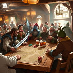 A lively Dungeons & Dragons scene set in a medieval fantasy tavern, with a diverse group of adventurers gathered around a large oak table