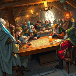 A lively Dungeons & Dragons scene set in a medieval fantasy tavern, with a diverse group of adventurers gathered around a large oak table