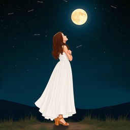 A girl in a long, flowing white dress and tan heels, stands gracefully under a starry night sky, gazing up at a luminous full moon