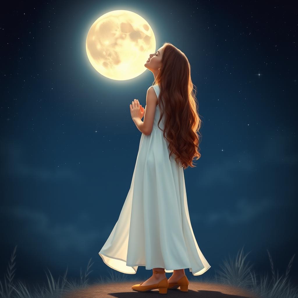 A girl in a long, flowing white dress and tan heels, stands gracefully under a starry night sky, gazing up at a luminous full moon