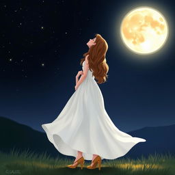 A girl in a long, flowing white dress and tan heels, stands gracefully under a starry night sky, gazing up at a luminous full moon