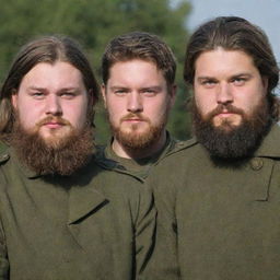 Three soldiers: one with long hair and a height of 5'8, the second one with green eyes and 6ft in height, and a third one, who is chubby with a beard