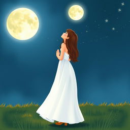 A girl in a long, flowing white dress and tan heels, stands gracefully under a starry night sky, gazing up at a luminous full moon