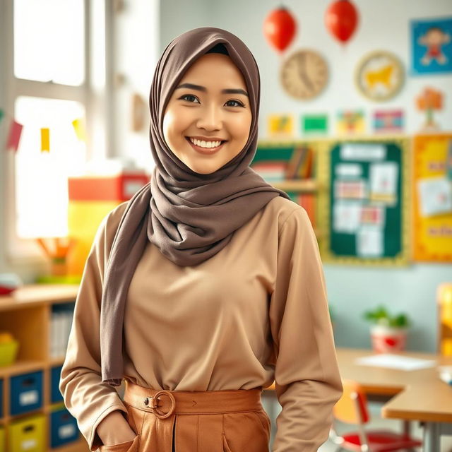 A captivating scene depicting an Asian female teacher wearing a stylish and elegant hijab, conveying a sense of sophistication and grace