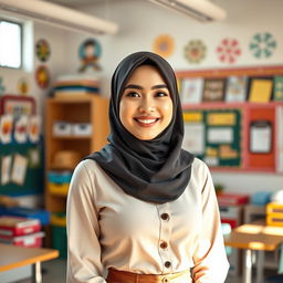 A captivating scene depicting an Asian female teacher wearing a stylish and elegant hijab, conveying a sense of sophistication and grace