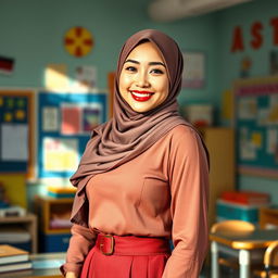 A captivating scene depicting an Asian female teacher wearing a stylish and elegant hijab, conveying a sense of sophistication and grace