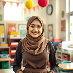 A captivating scene depicting an Asian female teacher wearing a stylish and elegant hijab, conveying a sense of sophistication and grace