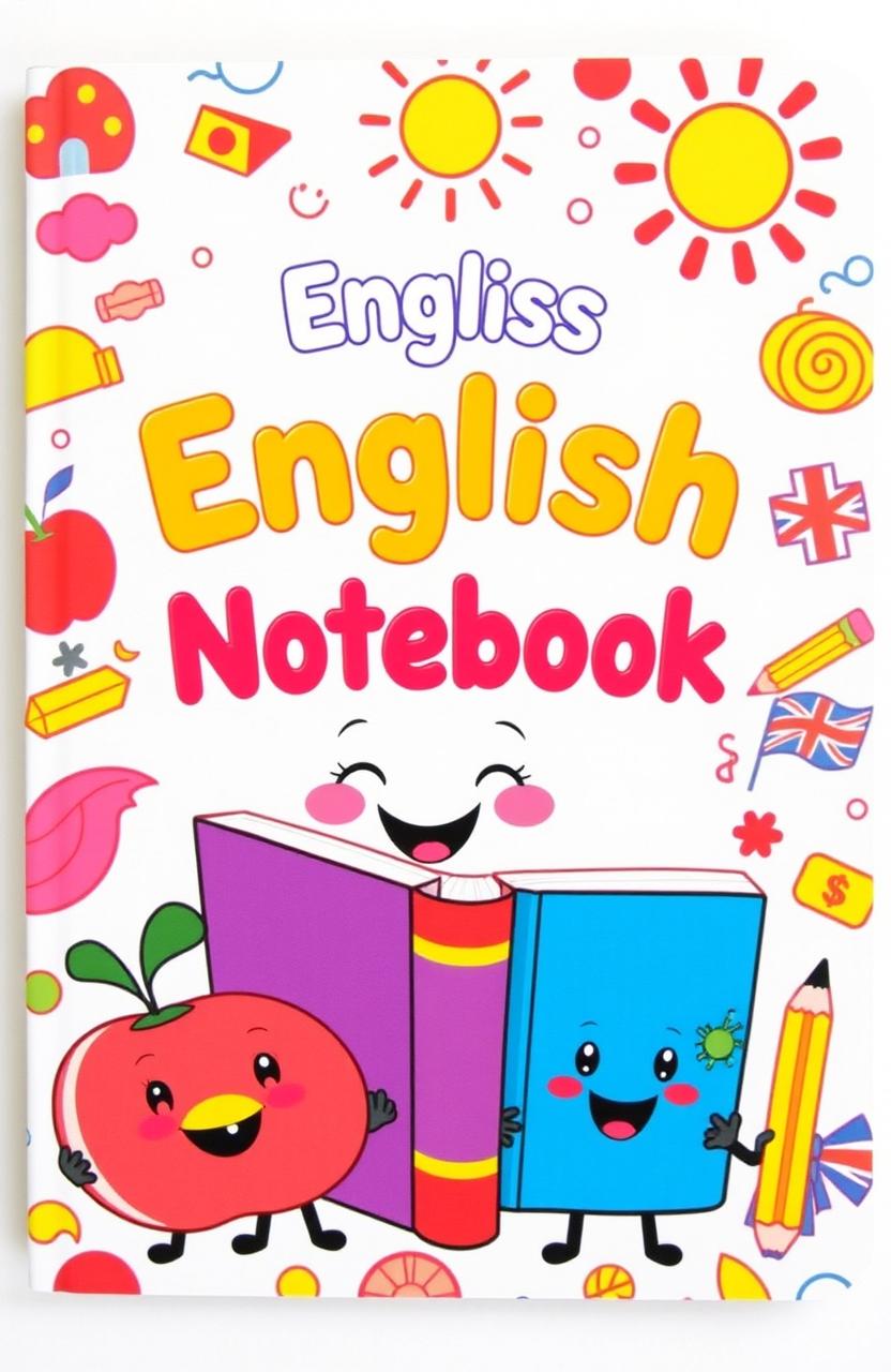 A colorful and fun cover for a children's English notebook, featuring cute cartoon characters like a smiling book and animated letters