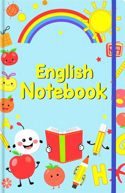 A colorful and fun cover for a children's English notebook, featuring cute cartoon characters like a smiling book and animated letters