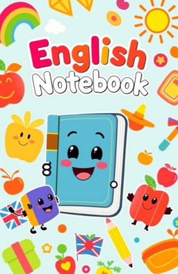 A colorful and fun cover for a children's English notebook, featuring cute cartoon characters like a smiling book and animated letters