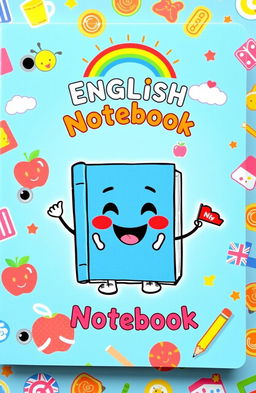 A colorful and fun cover for a children's English notebook, featuring cute cartoon characters like a smiling book and animated letters