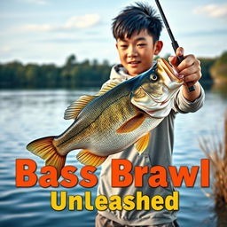 A dynamic, realistic fishing scene featuring a young Asian fisherman with narrow eyes and an enthusiastic expression as he catches a bass