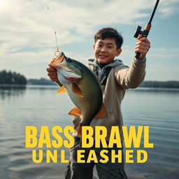 A dynamic, realistic fishing scene featuring a young Asian fisherman with narrow eyes and an enthusiastic expression as he catches a bass