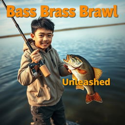 A dynamic, realistic fishing scene featuring a young Asian fisherman with narrow eyes and an enthusiastic expression as he catches a bass