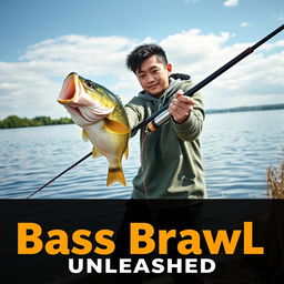 A dynamic, realistic fishing scene featuring a young Asian fisherman with narrow eyes and an enthusiastic expression as he catches a bass