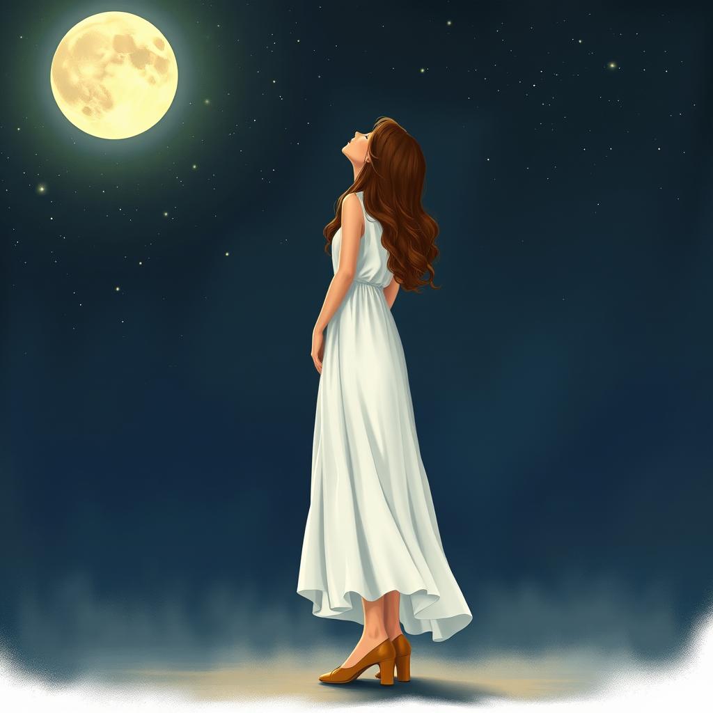 A realistic depiction of a girl in a long, flowing white dress and tan heels, standing under a starry night sky