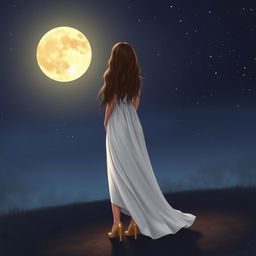 A realistic depiction of a girl in a long, flowing white dress and tan heels, standing under a starry night sky